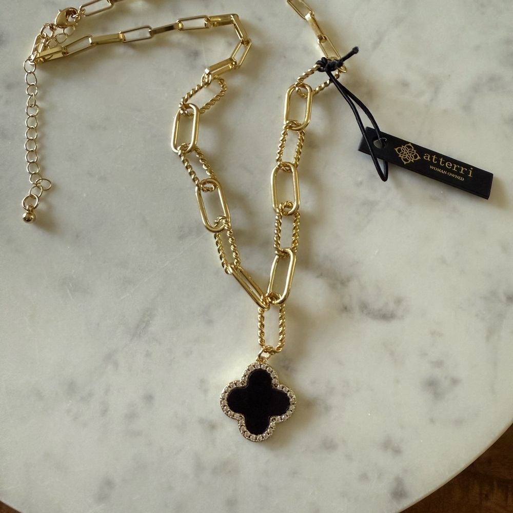 Gold and Black Quatrefoil Pendant Necklace
